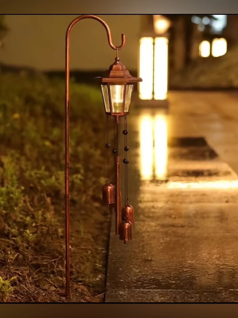 Outdoor Solar Powered Copper Wind Chime Lantern New In Box With Hook